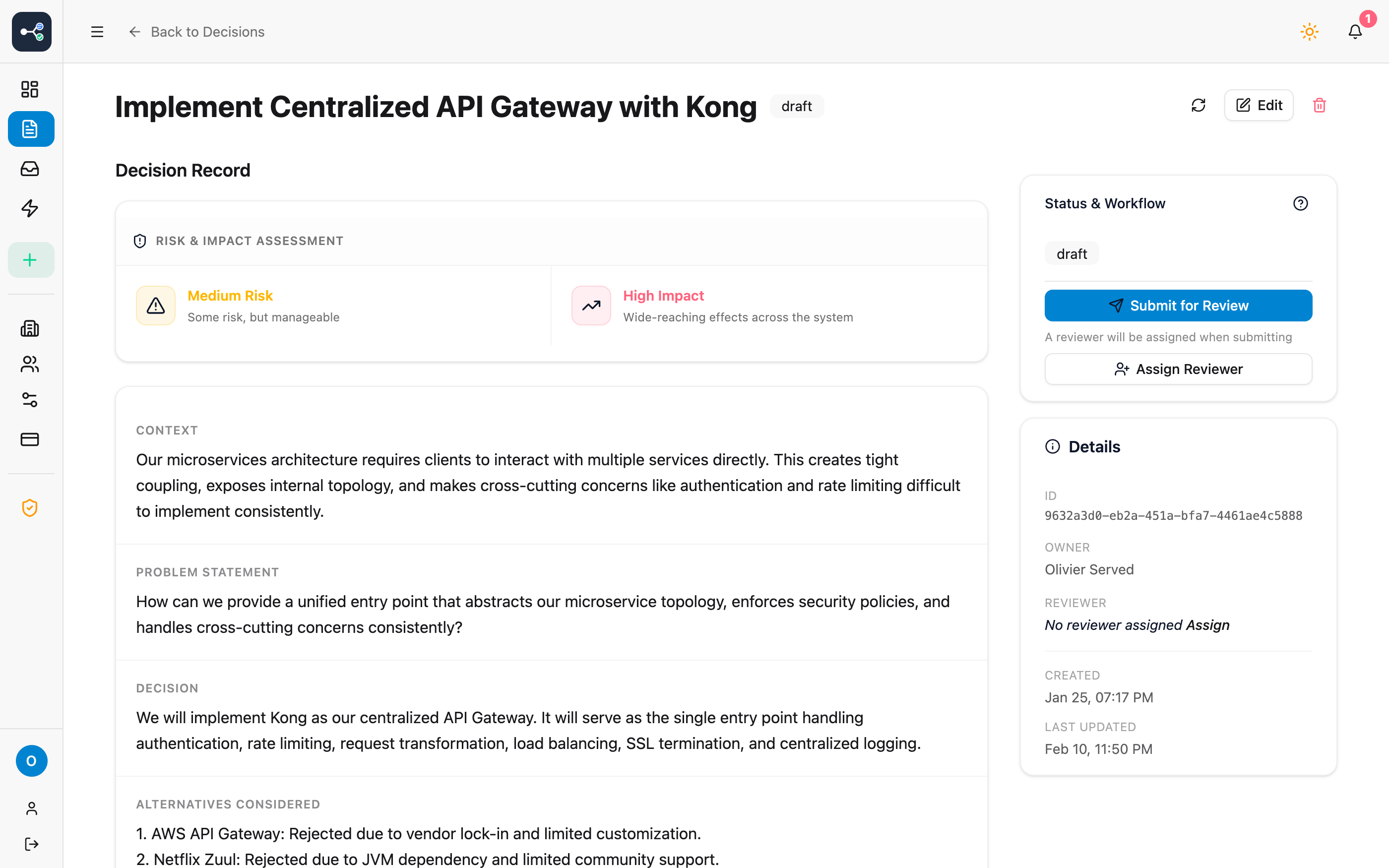 ReflectRally decision detail view showing API Gateway with Kong ADR with context, problem statement, decision, alternatives considered, consequences, assumptions, dependencies, linked signals, and timeline